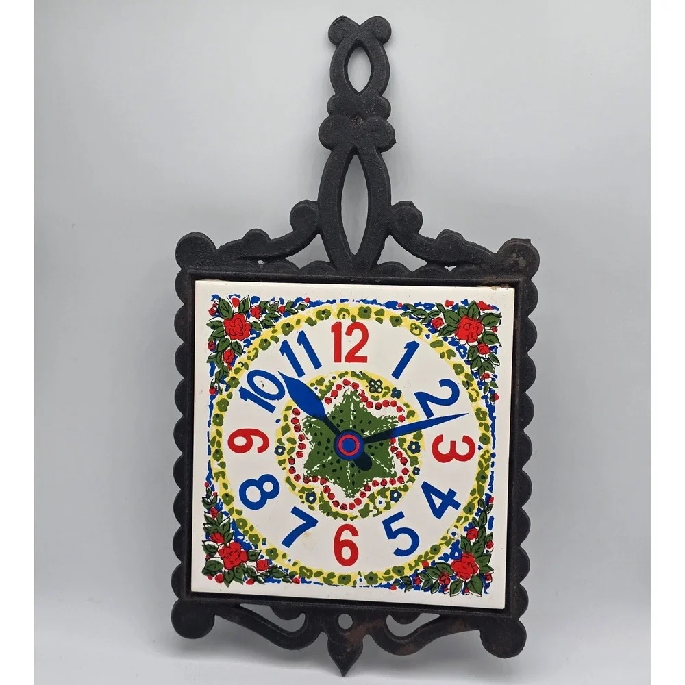 Vintage Lobeco Wall Clock Cast Iron Trivet 10.5in White Tile Retro Floral Japan